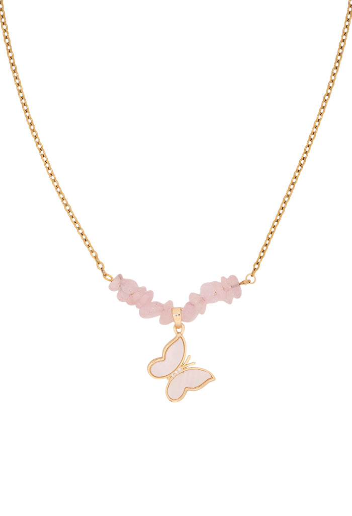 Collar Cuarzo Rosa Dije Mariposa Blanco