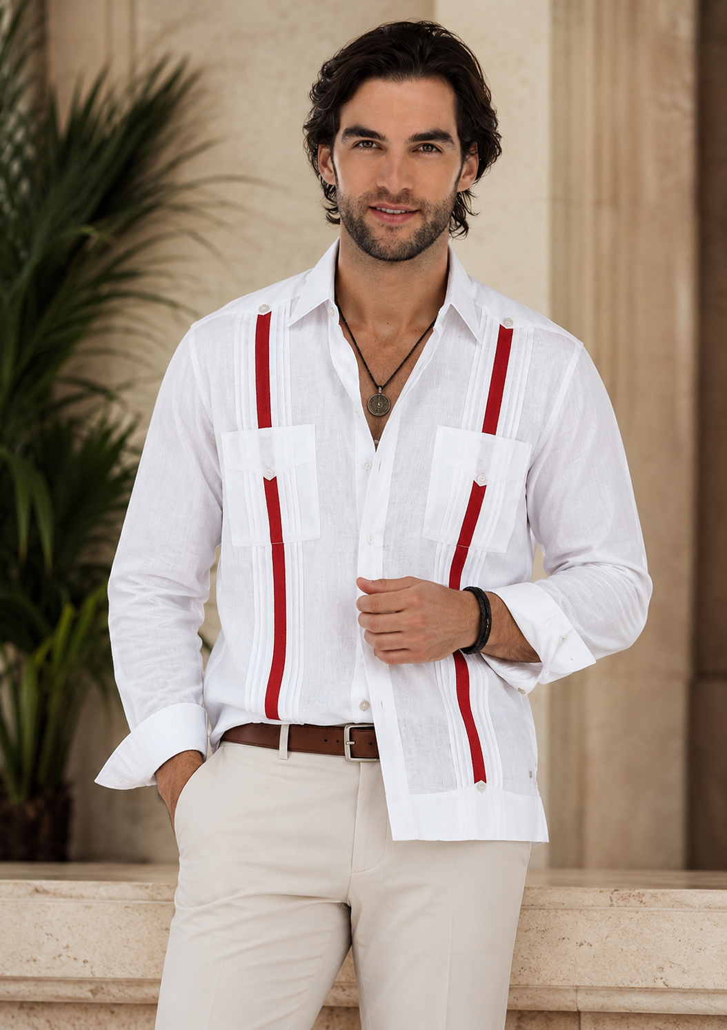Guayabera con Franjas Campos Rojo