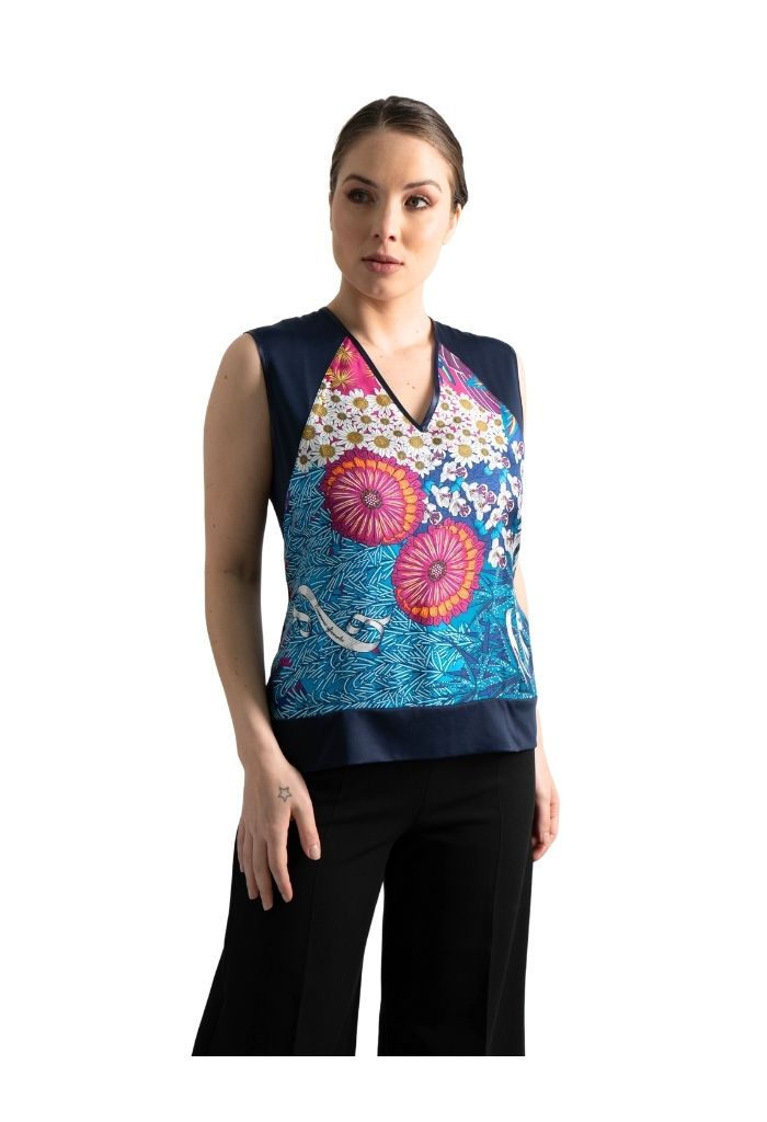 Blusa Caudal Herbolaria Flores Azul/Rosa