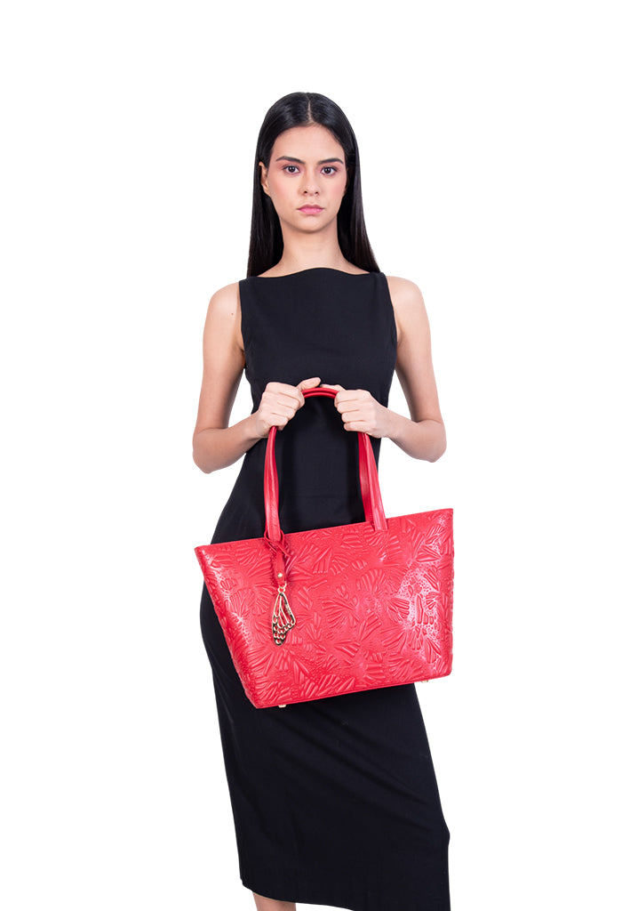 Tote K'iin Piel Grabado Mariposa Rojo