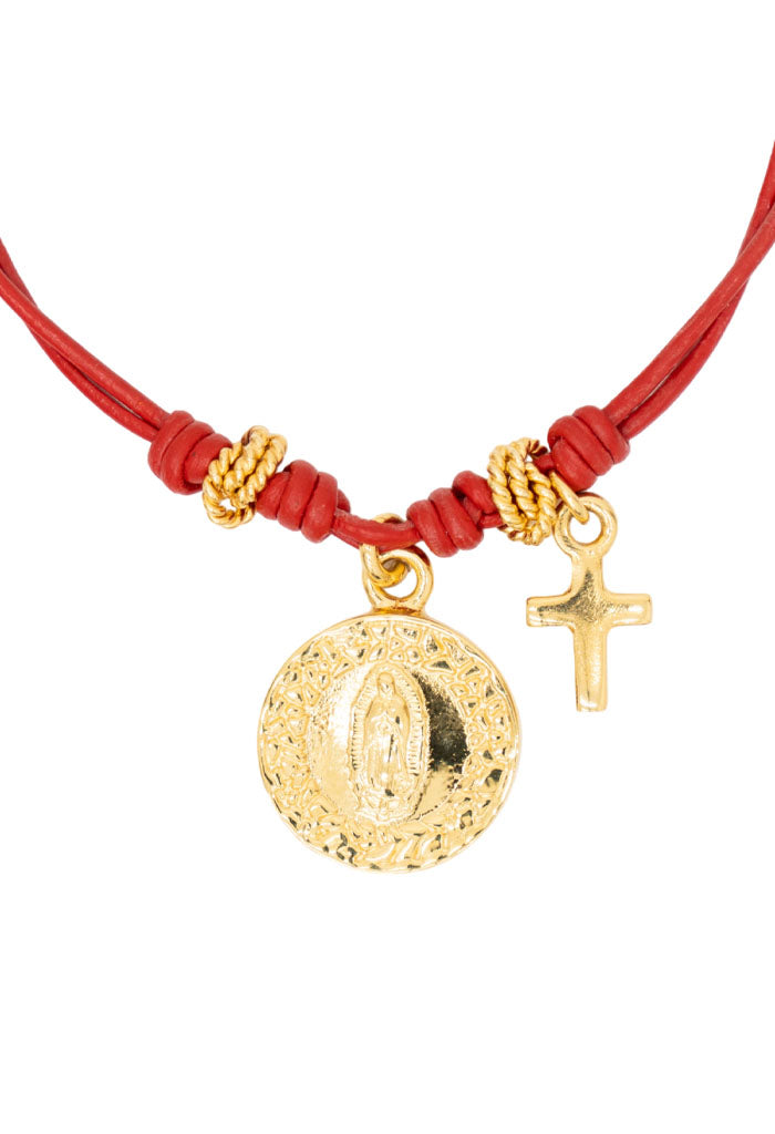 Pulsera Cuero Rojo  Cruz & Virgen