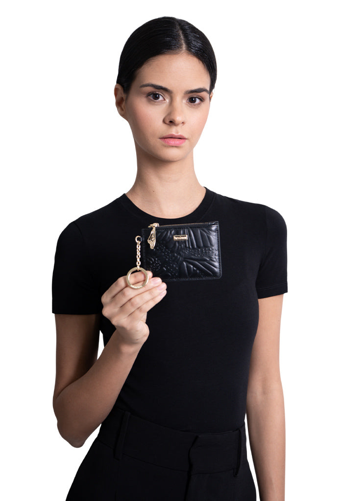 Tarjetero c/llavero Neek de Piel Grabado Mariposa