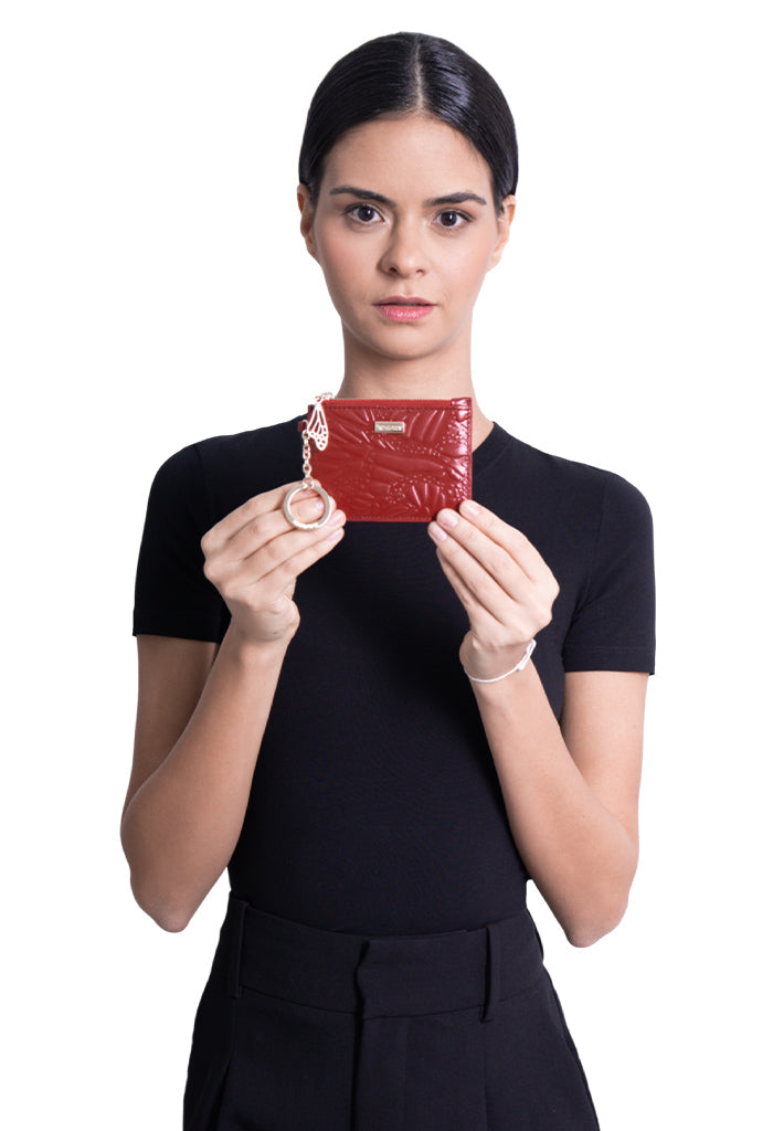 Tarjetero c/llavero Neek de Piel Grabado Mariposa