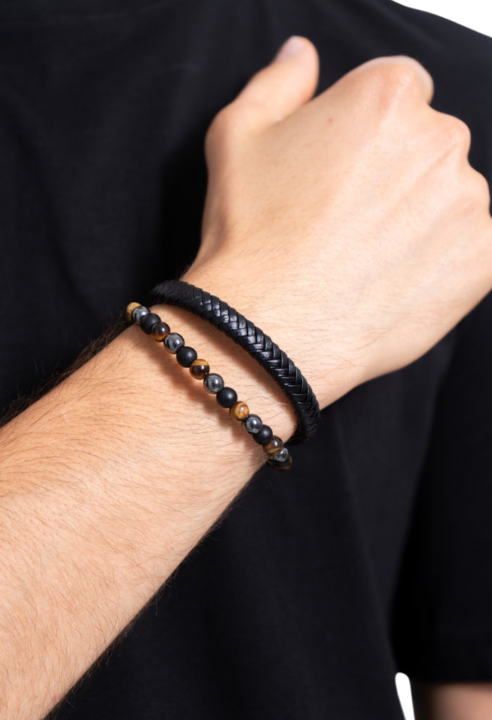 Pulsera doble Piel negra Ojo de Tigre