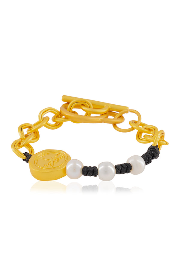 Pulsera Libélula Tres Perlas Negro